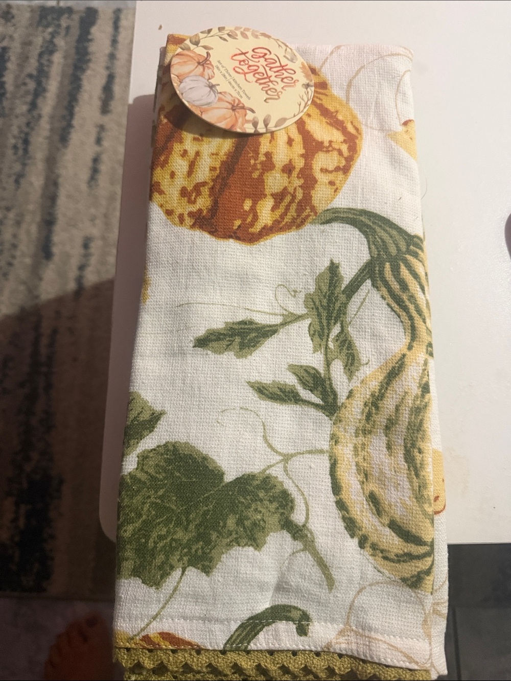 Harvest Gourd Kitchen Towel - White, Green & Yellow